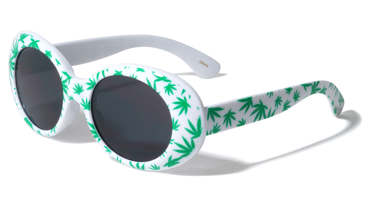 White Frame Marijuana Print Retro Oval Sunglasses Wholesale