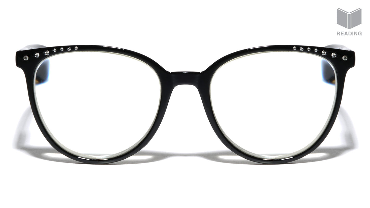 Reading Black Faux Frontal Rhinestone Rounded Cat Eye Wholesale Glasses