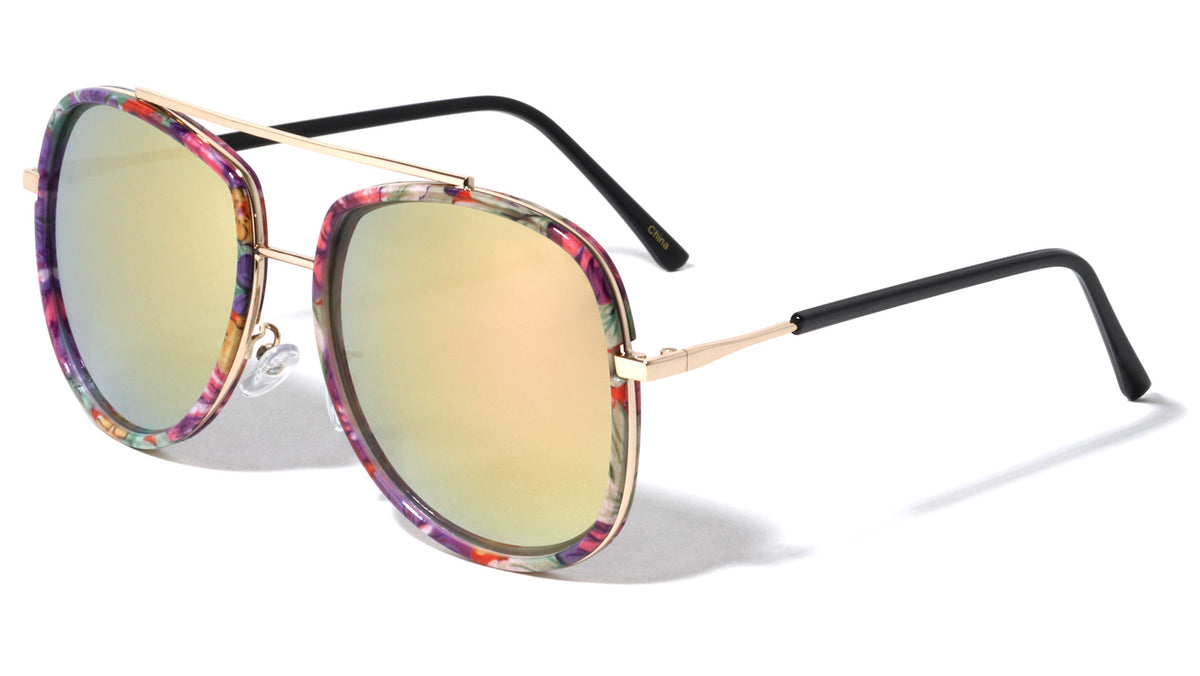 Aviators Flower Pattern Color Mirror Wholesale Sunglasses