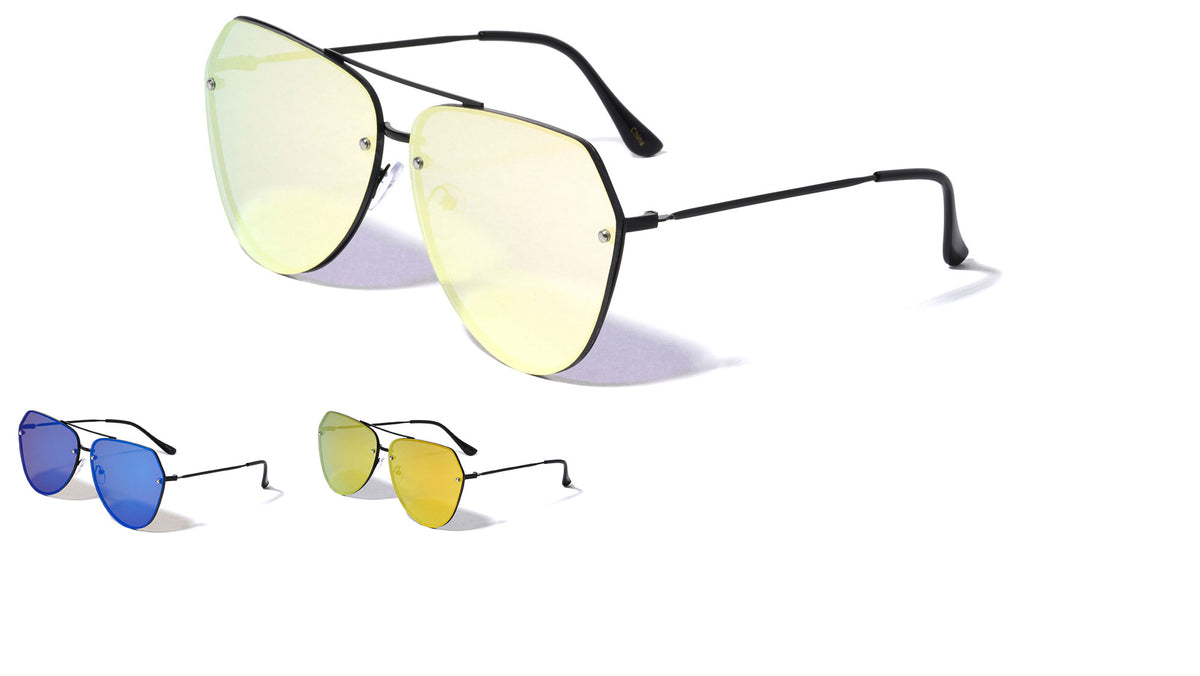 Rimless Angled Corner Color Mirror Black Frame Aviators Wholesale Sunglasses