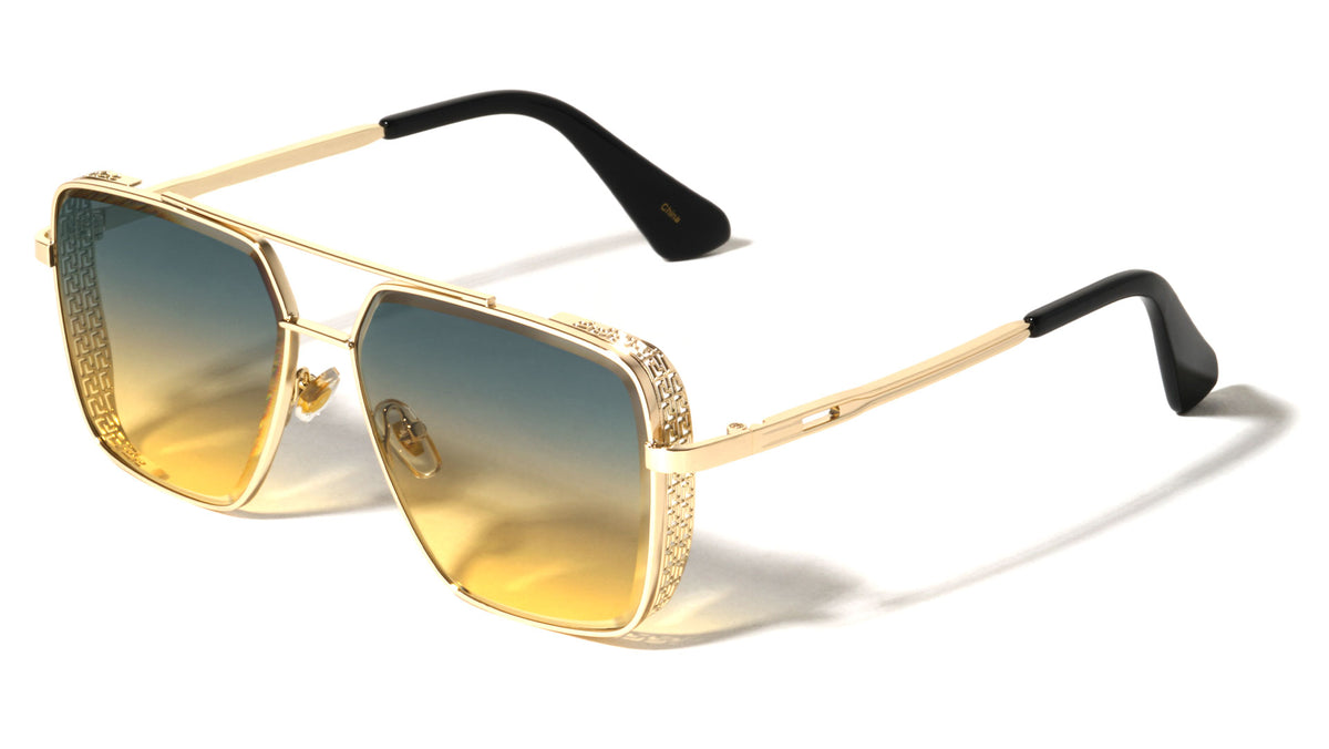 Greek Key Side Shield Pattern Modern Square Aviators Wholesale Sunglasses