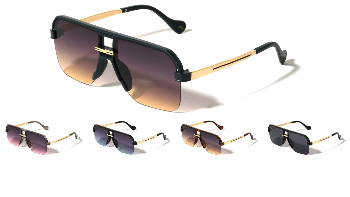 Temple Line Accent Semi Rimless Modern Squared Aviators Wholesale Sunglasses