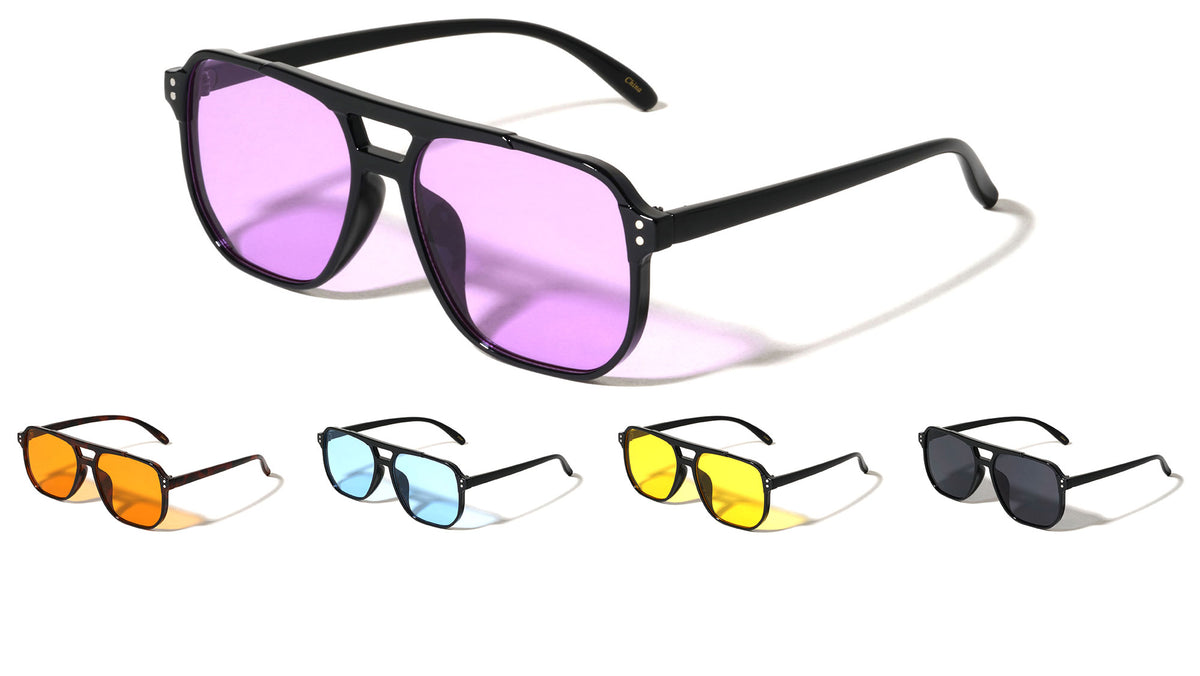 Color Lens Two Dot Stud Accent Squared Aviators Wholesale Sunglasses