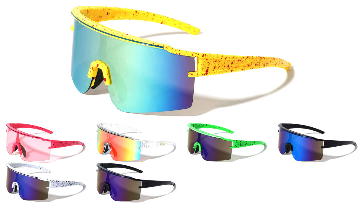 Ink Splatter Semi-Rimless One Piece Shield Color Mirror Lens Sports Wholesale Sunglasses