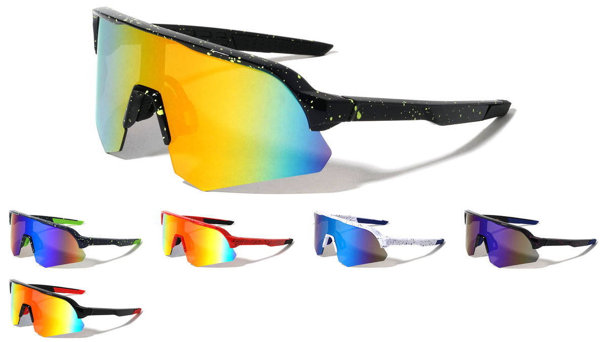 Ink Splatter Geometric Semi-Rimless Shield Lens Sports Wholesale Sunglasses