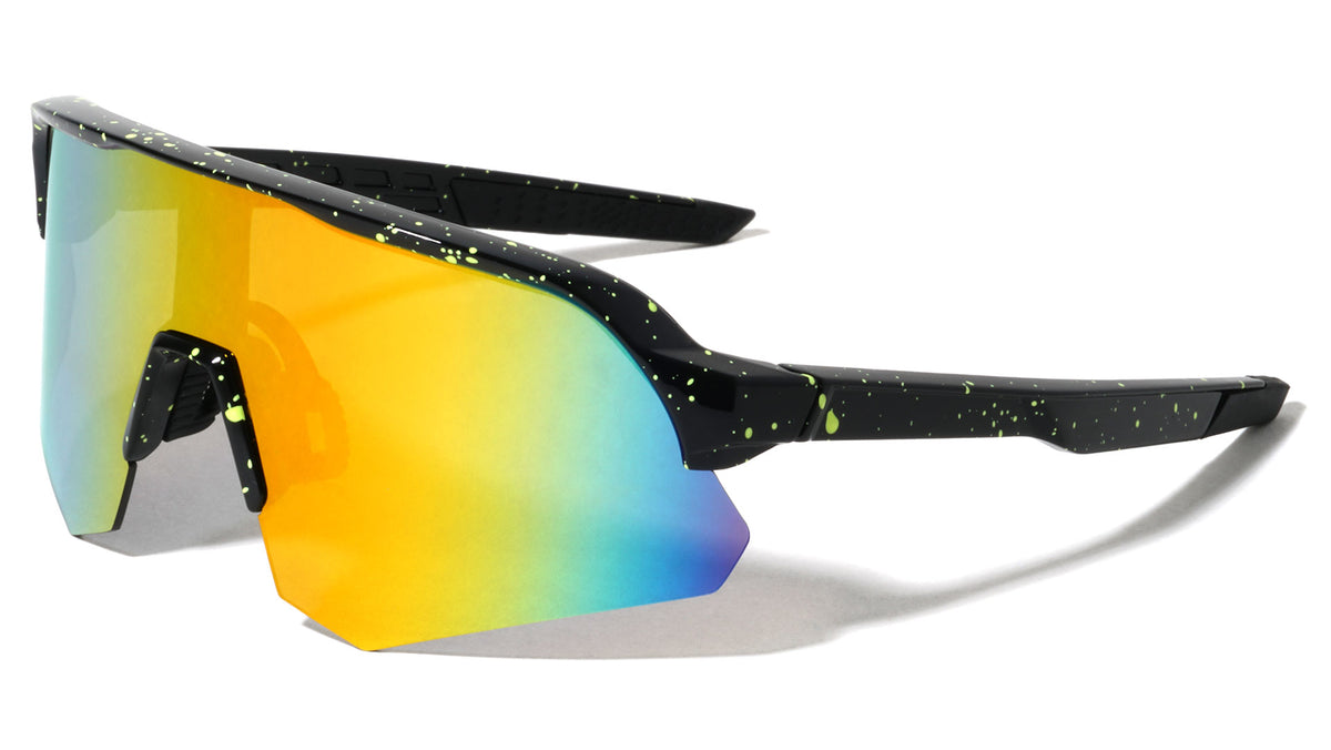 Ink Splatter Geometric Semi-Rimless Shield Lens Sports Wholesale Sunglasses