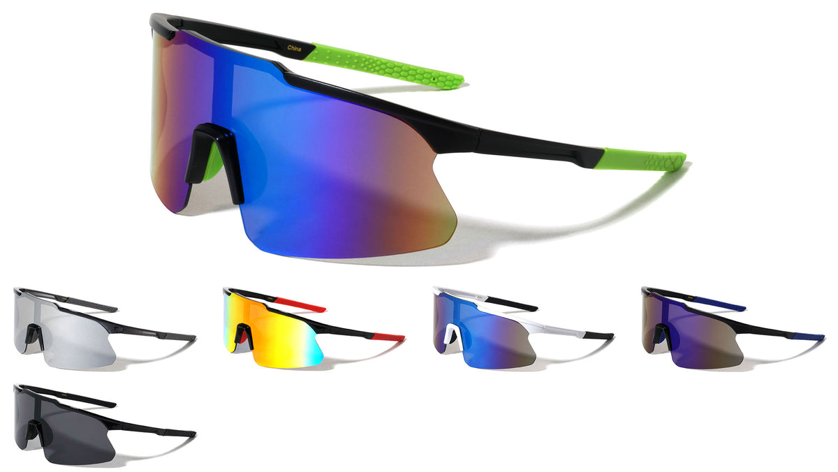 Semi Rimless Shield Color Mirror Lens Grip Pattern Sports Wholesale Sunglasses