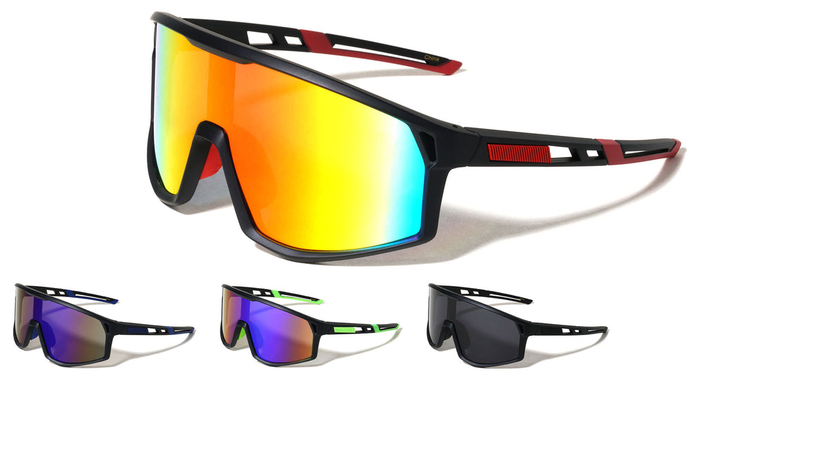 Color Mirror One Piece Shield Lens Temple Cutout Sports Wholesale Sunglasses