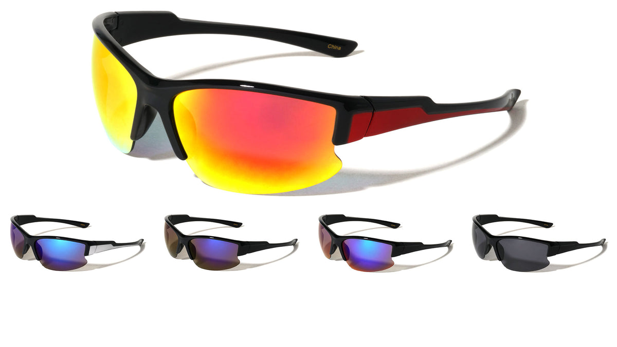 Color Mirror Semi Rimless Lens Wrap Around Sports Wholesale Sunglasses