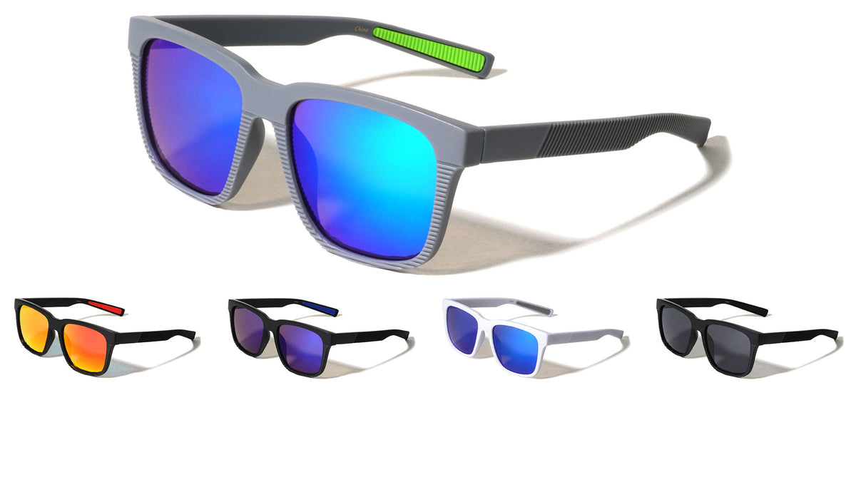 Color Mirror Vertical Ribbed Pattern Squared Sports Wholesale Sunglasses
