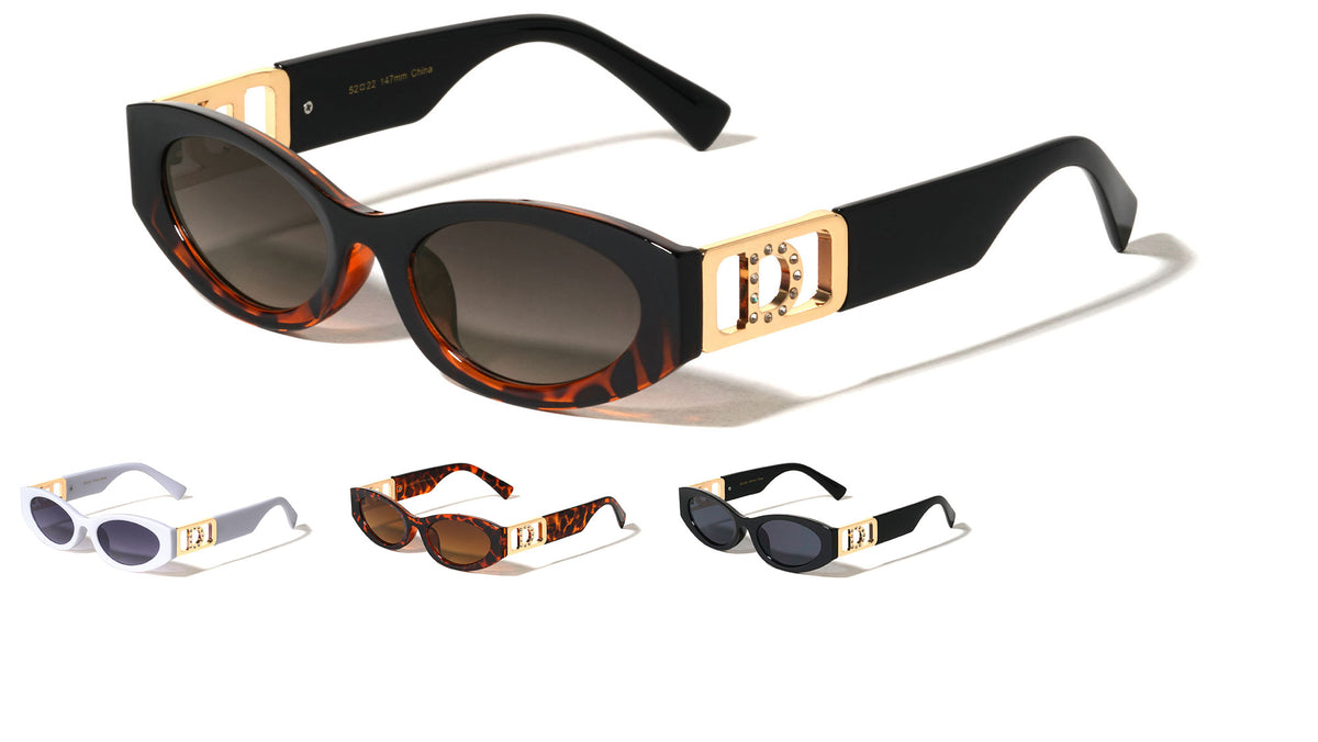 D Logo Rhinestone Accent Cutout Fashion Oval Cat Eye Wholesale Sunglasses