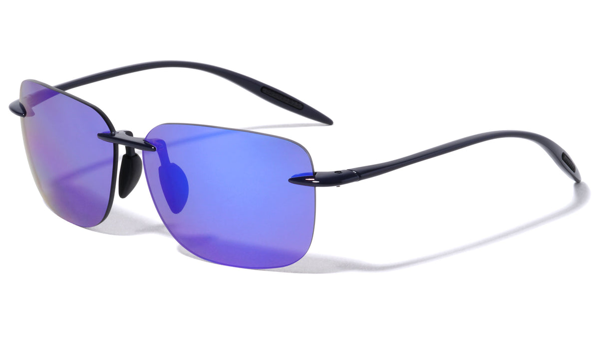 Polarized Premium Quality Blue TR90 Flexible Lightweight Rimless Square Sports Wholesale Sunglasses (sold by 1/2 dozen per order)