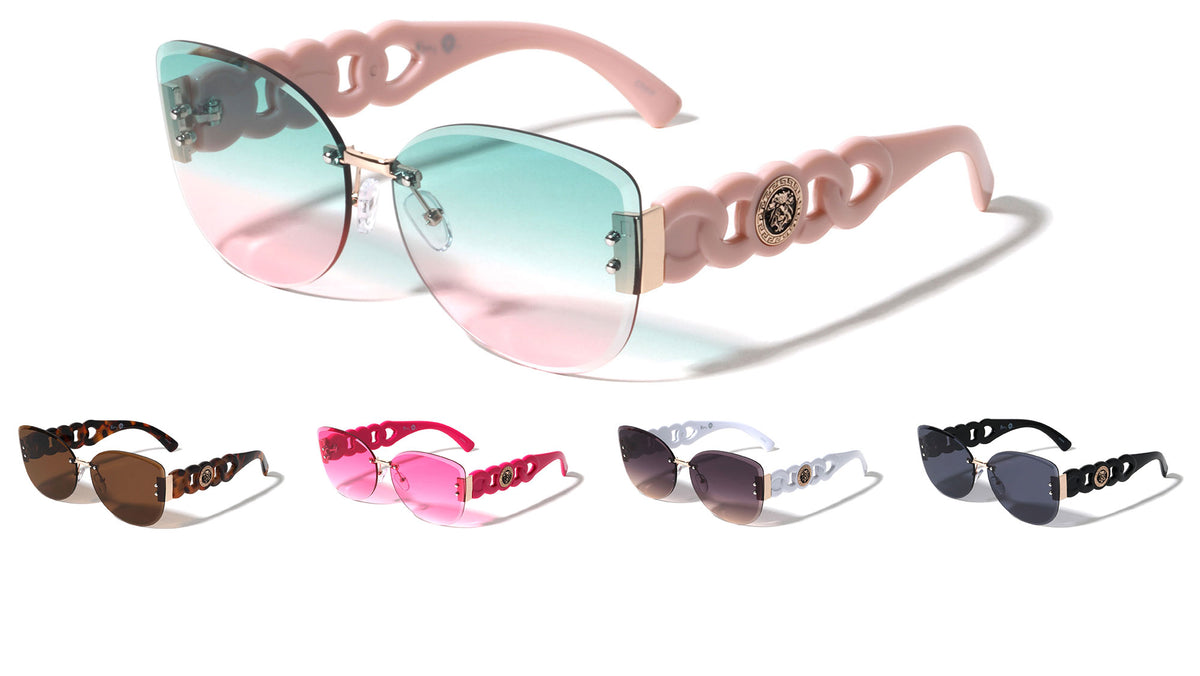 KLEO Rimless Diamond Edge Cut Lens Chain Temple Cat Eye Wholesale Sunglasses