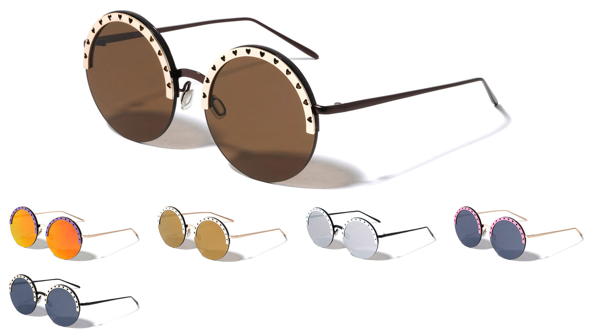 Semi Rimless Heart Pattern Brow Cutout Round Wholesale Sunglasses
