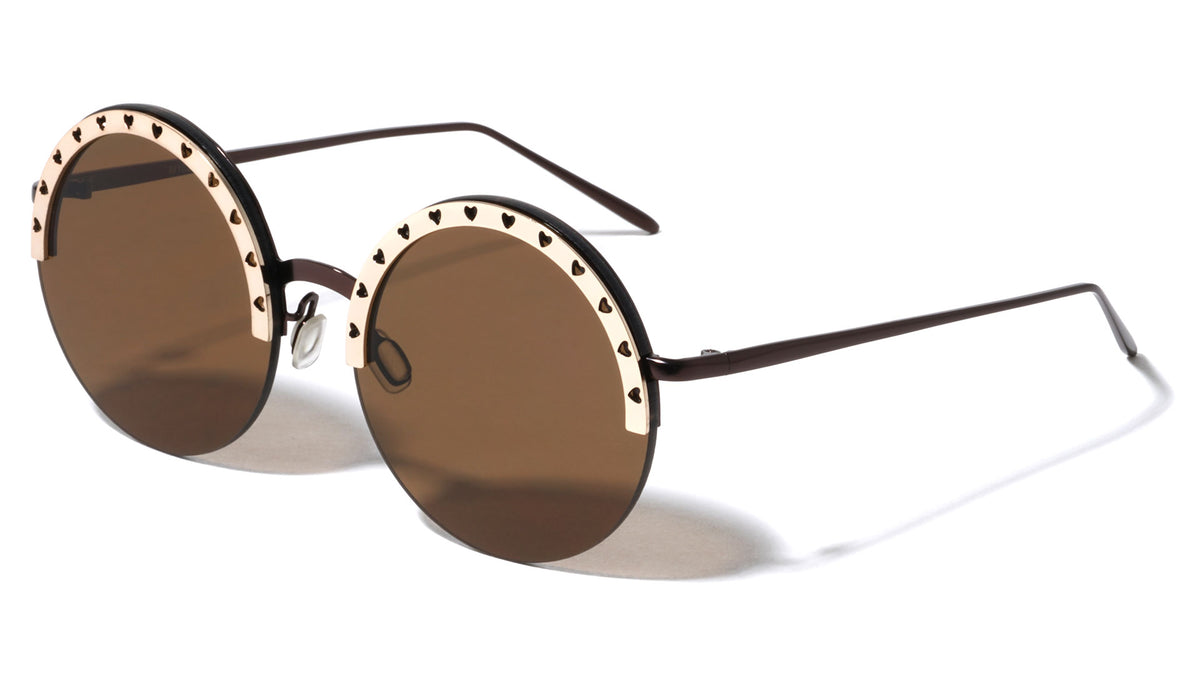 Semi Rimless Heart Pattern Brow Cutout Round Wholesale Sunglasses