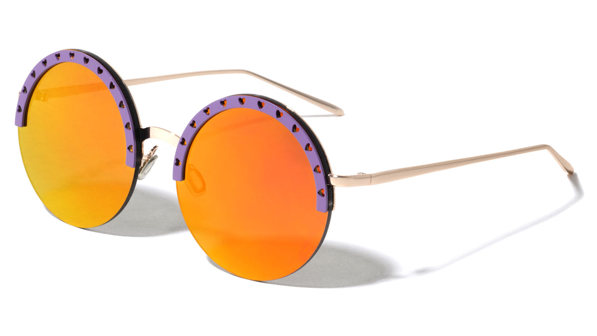 Semi Rimless Heart Pattern Brow Cutout Round Wholesale Sunglasses