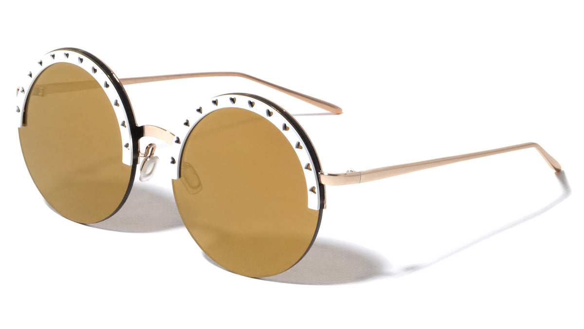 Semi Rimless Heart Pattern Brow Cutout Round Wholesale Sunglasses