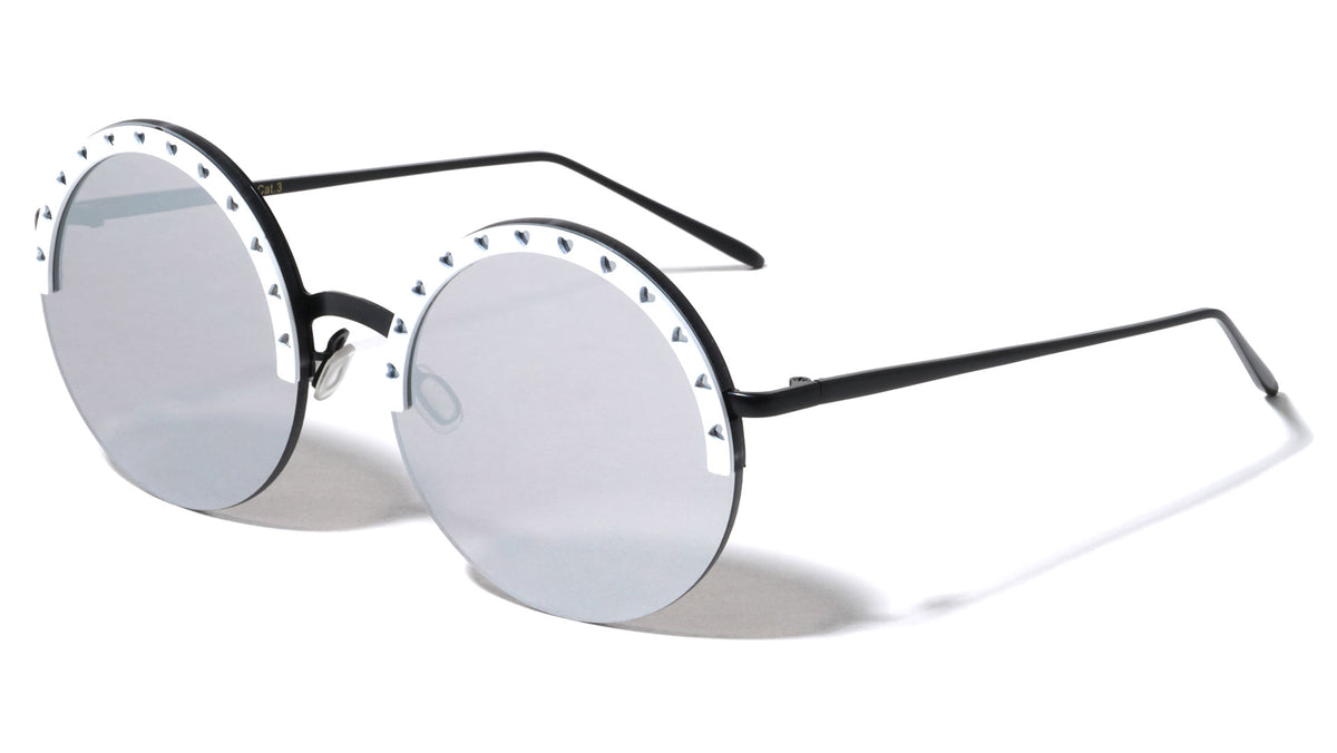 Semi Rimless Heart Pattern Brow Cutout Round Wholesale Sunglasses