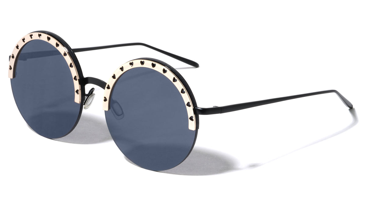 Semi Rimless Heart Pattern Brow Cutout Round Wholesale Sunglasses
