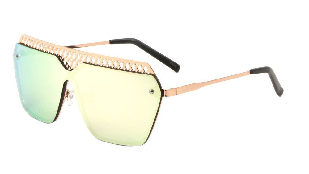 Mesh Rimless Angled Solid One Piece Color Mirror Sunglasses