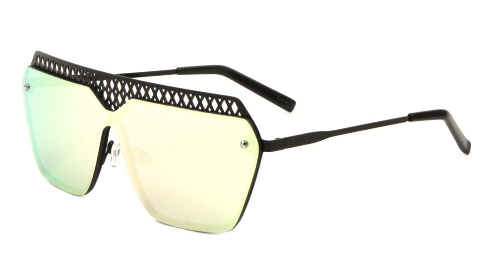 Mesh Rimless Angled Solid One Piece Color Mirror Sunglasses