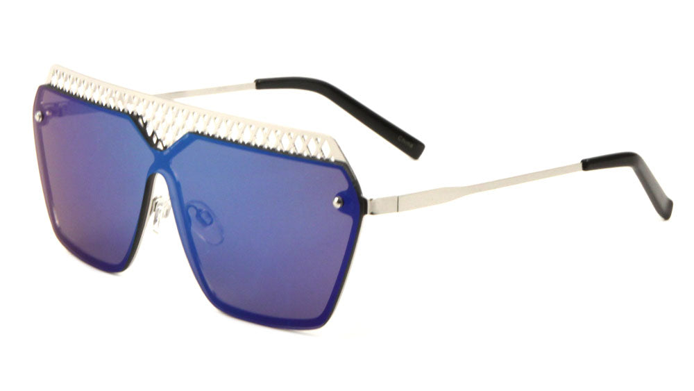 Mesh Rimless Angled Solid One Piece Color Mirror Sunglasses