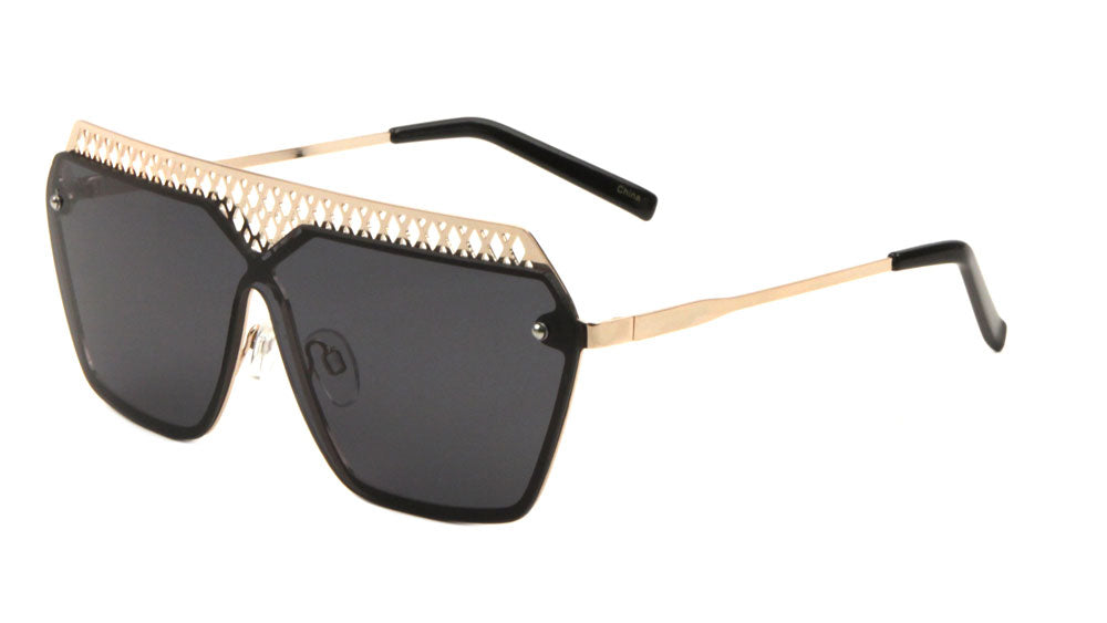 Mesh Rimless Angled Solid One Piece Color Mirror Sunglasses