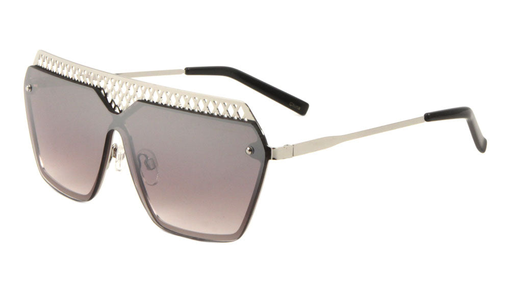 Mesh Rimless Angled Solid One Piece Color Mirror Sunglasses