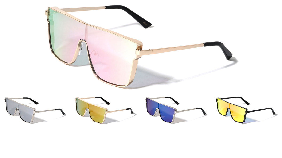 Metal One Piece Shield Color Mirror Rectangle Sunglasses Wholesale