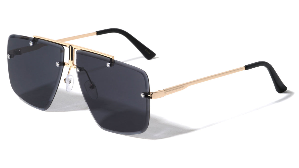 Rimless Edge Cut Studded Squared Aviators Wholesale Sunglasses