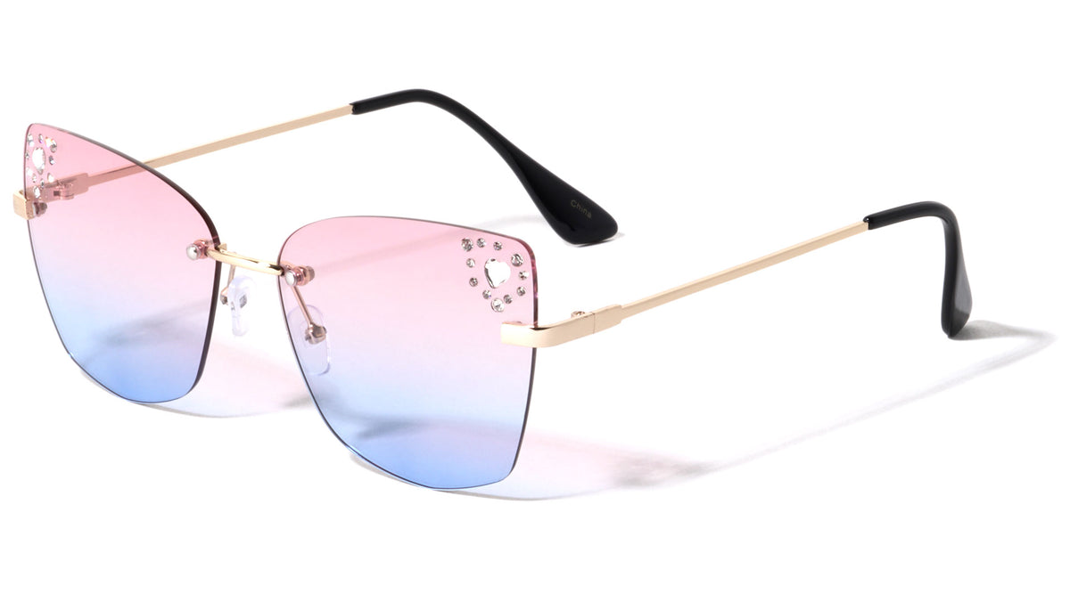 Heart Rhinestone Rimless Cat Eye Wholesale Sunglasses