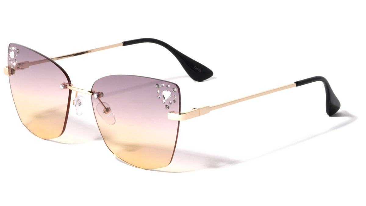 Heart Rhinestone Rimless Cat Eye Wholesale Sunglasses