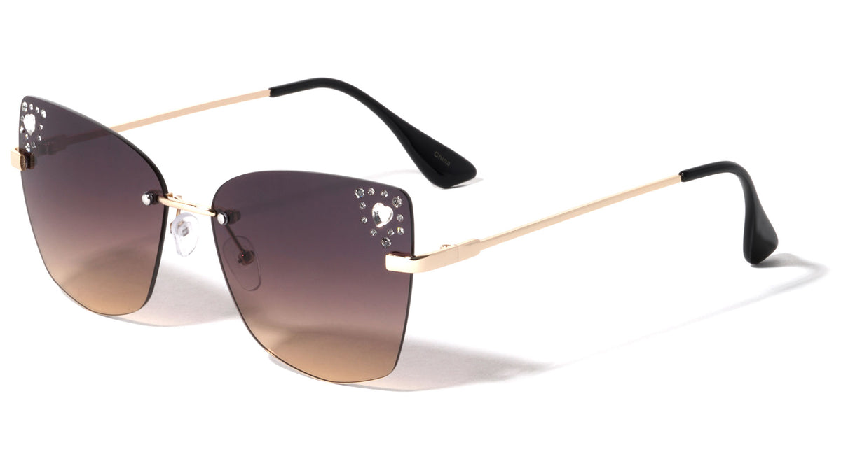 Heart Rhinestone Rimless Cat Eye Wholesale Sunglasses