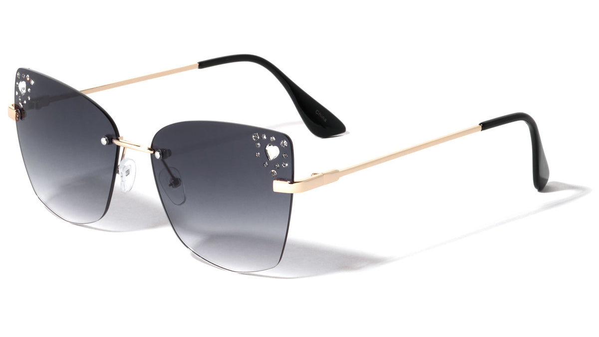 Heart Rhinestone Rimless Cat Eye Wholesale Sunglasses