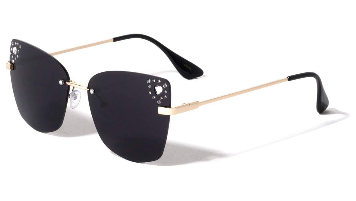 Heart Rhinestone Rimless Cat Eye Wholesale Sunglasses