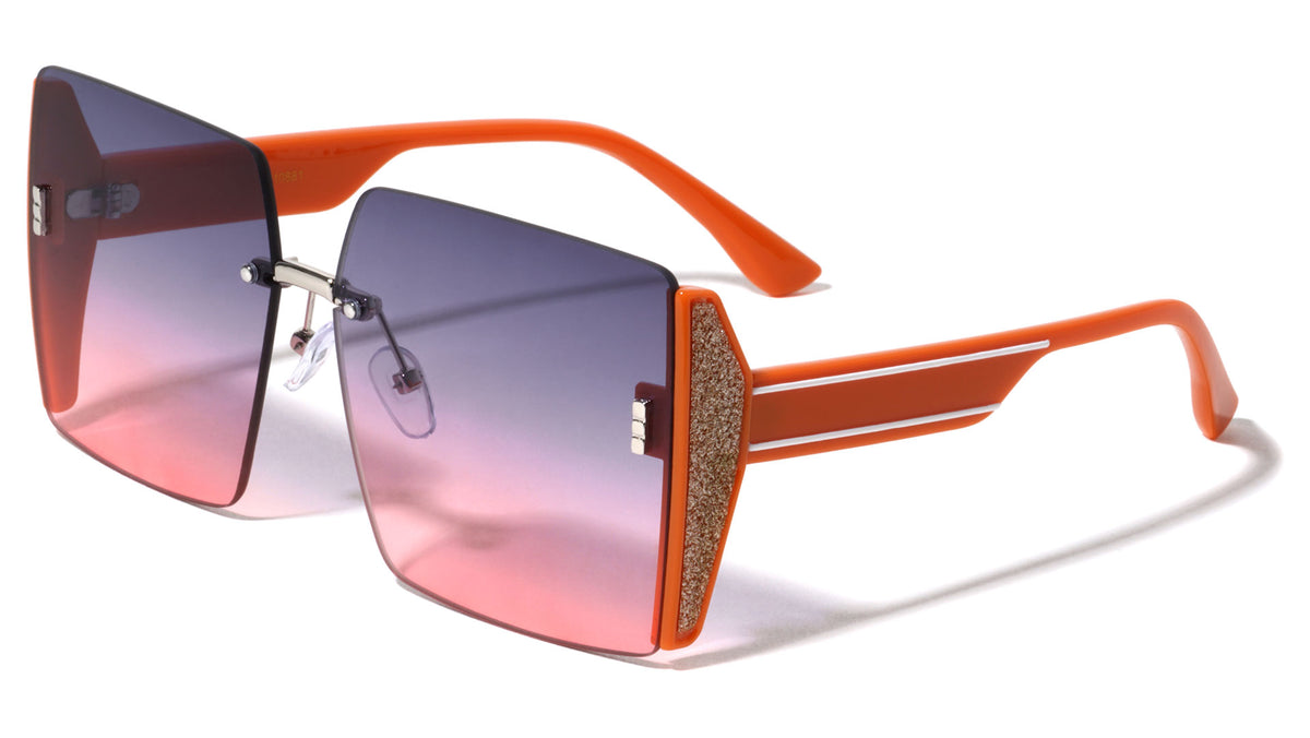 Oversized Semi Rimless Side Glitter Butterfly Wholesale Sunglasses