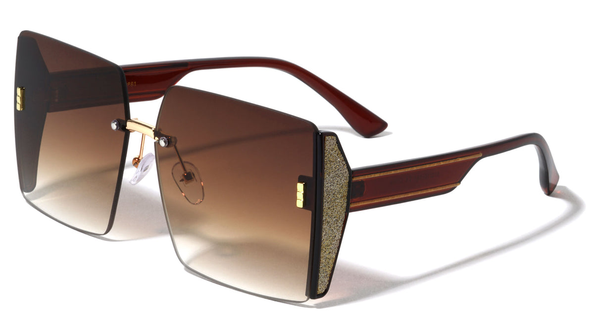 Oversized Semi Rimless Side Glitter Butterfly Wholesale Sunglasses