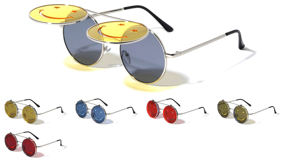 Flip Up Color Lens Happy Face Cutout Round Wholesale Sunglasses