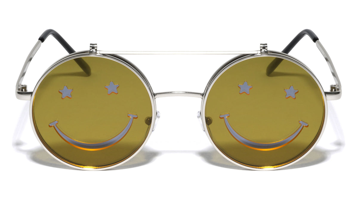 Flip Up Color Lens Happy Face Cutout Round Wholesale Sunglasses