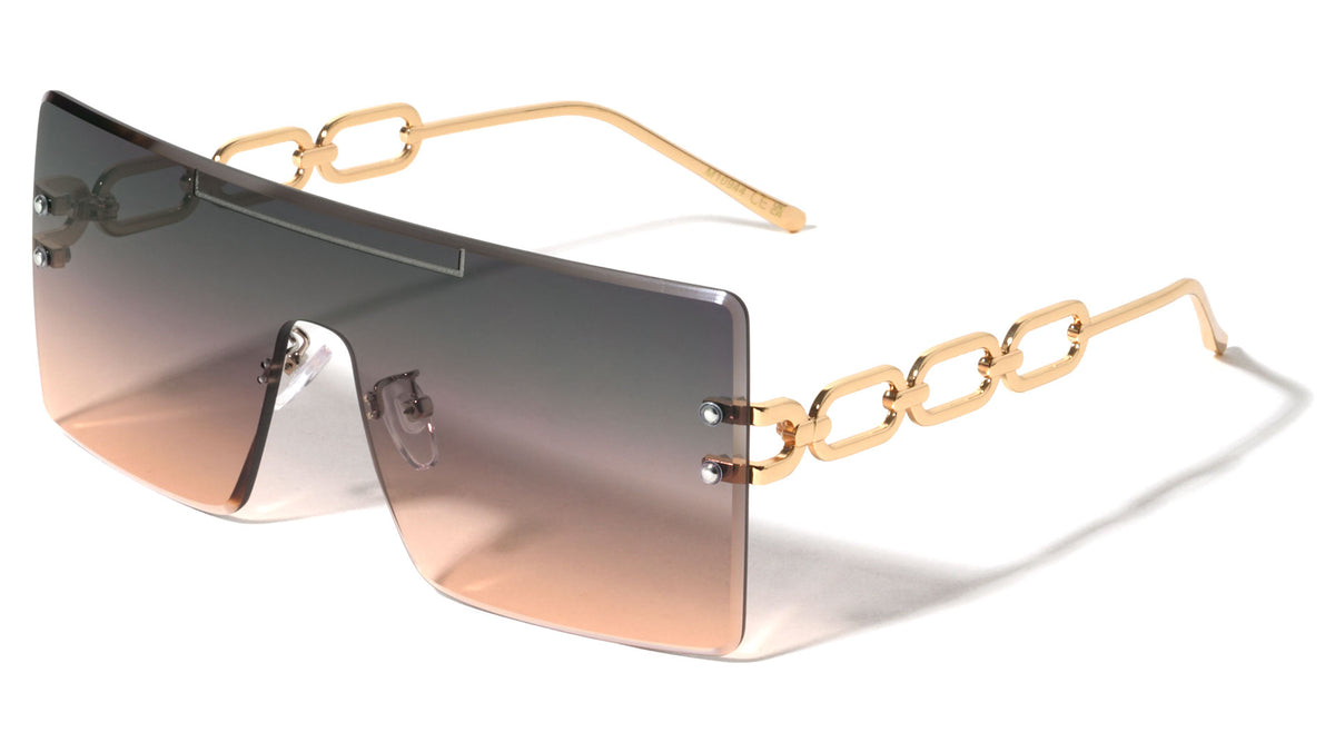 Rimless Diamond Edge Cut One Piece Shield Lens Rectangle Wholesale Sunglasses