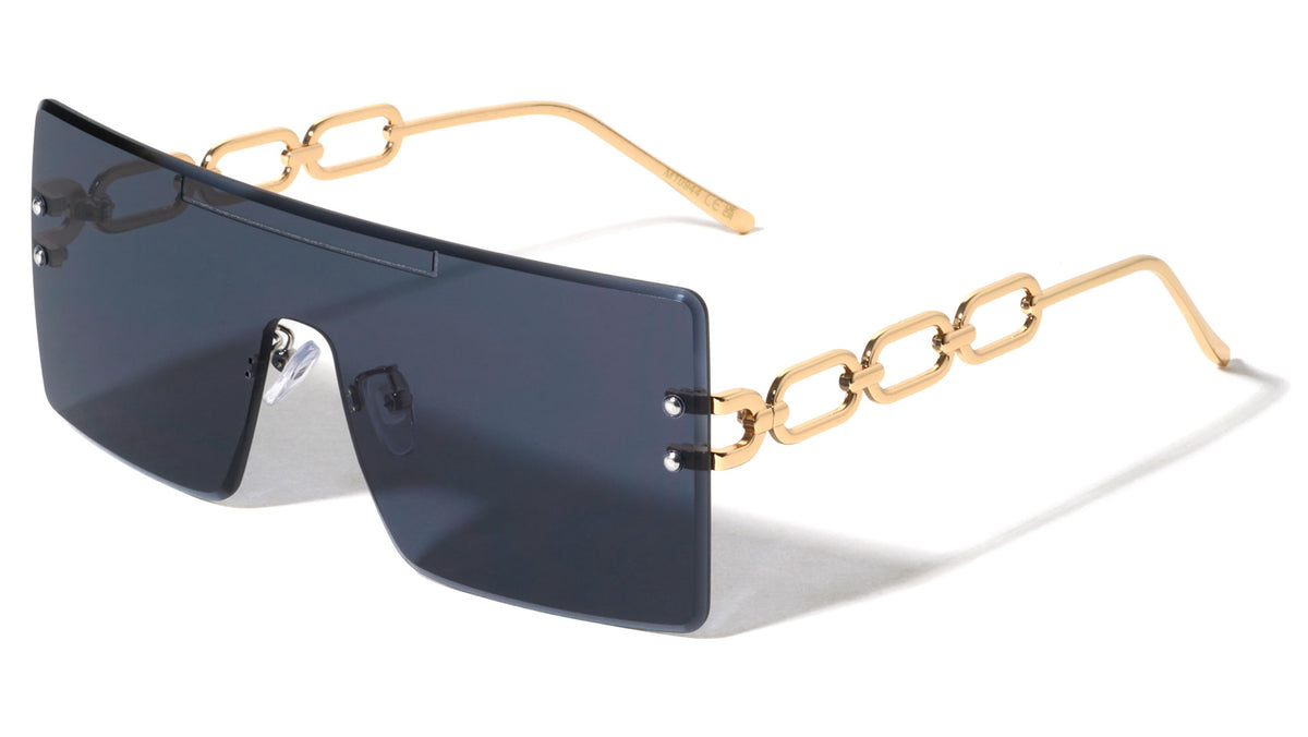 Rimless Diamond Edge Cut One Piece Shield Lens Rectangle Wholesale Sunglasses
