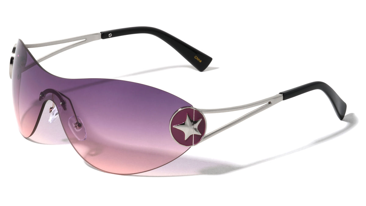 Rimless One Piece Shield Lens Star Coin Hinge Fashion Oval Wholesale Sunglasses