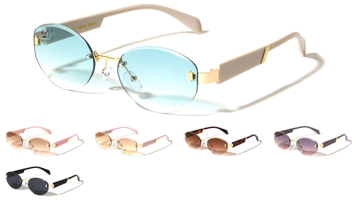 Temple Accent Rimless Diamond Edge Cut  Fashion Oval Cat Eye Wholesale Sunglasses