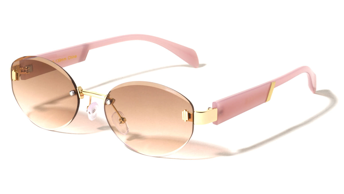 Temple Accent Rimless Diamond Edge Cut  Fashion Oval Cat Eye Wholesale Sunglasses