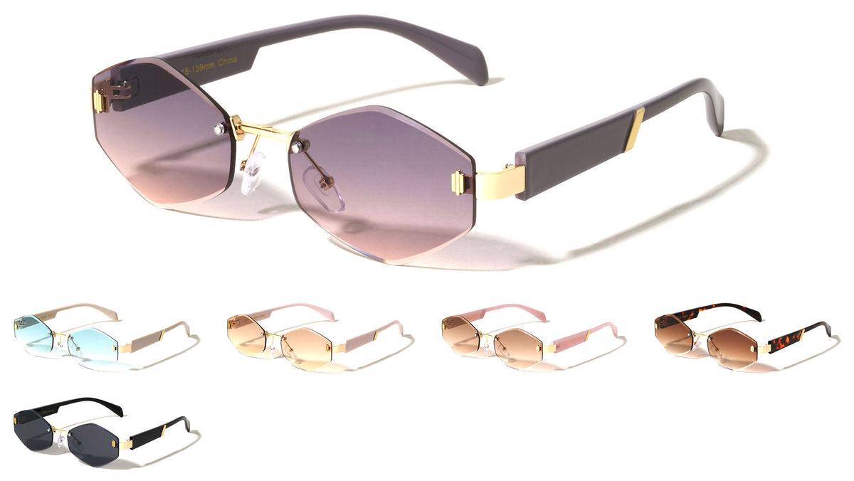 Temple Accent Rimless Diamond Edge Cut  Fashion Geometric Wholesale Sunglasses