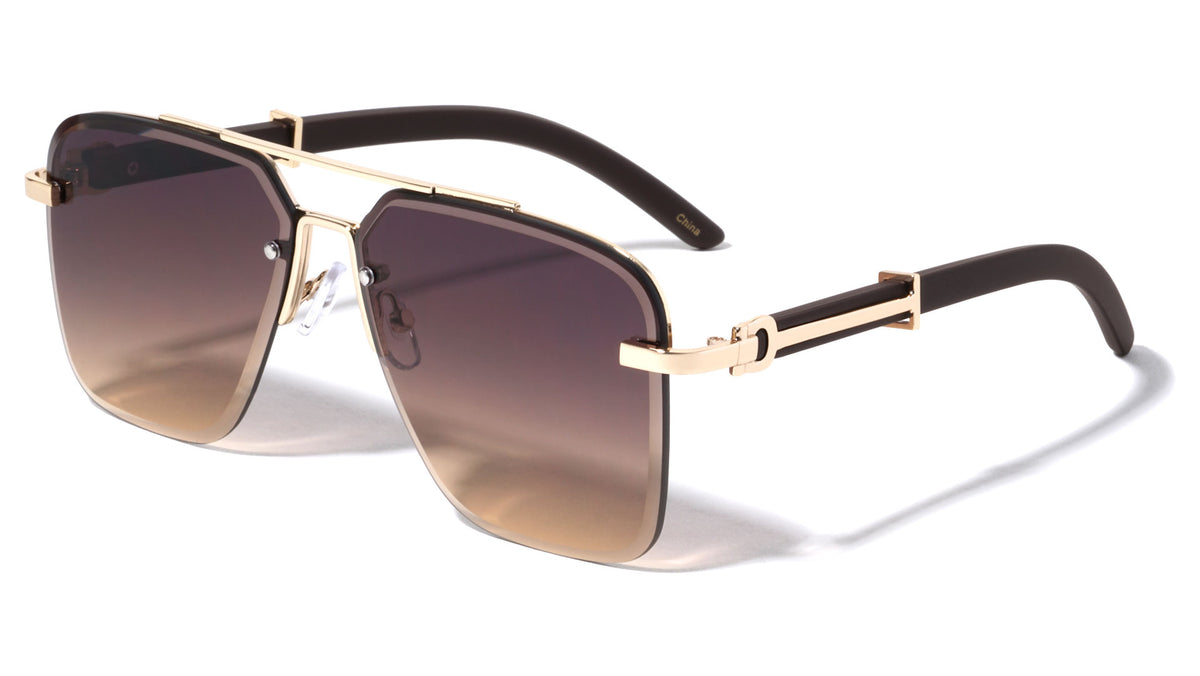 Rimless Diamond Edge Cut Lens Wood Temple Squared Aviators Wholesale Sunglasses