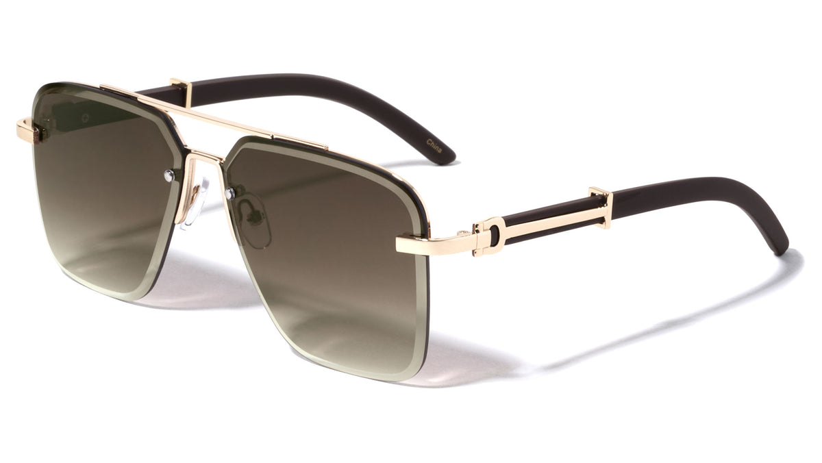 Rimless Diamond Edge Cut Lens Wood Temple Squared Aviators Wholesale Sunglasses