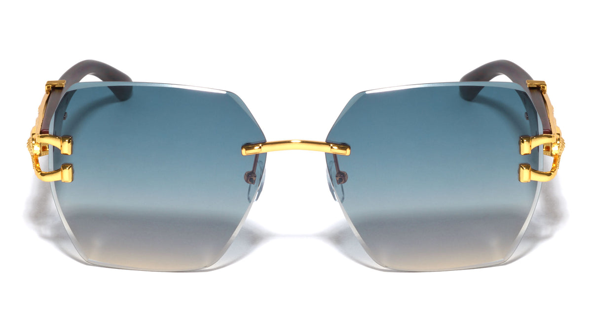 Jaguar Hinge Wood Temple Rimless Geometric Wholesale Sunglasses