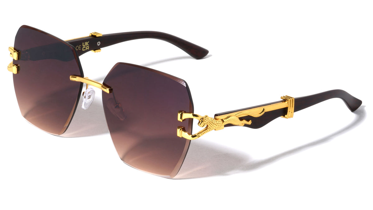 Jaguar Hinge Wood Temple Rimless Geometric Wholesale Sunglasses
