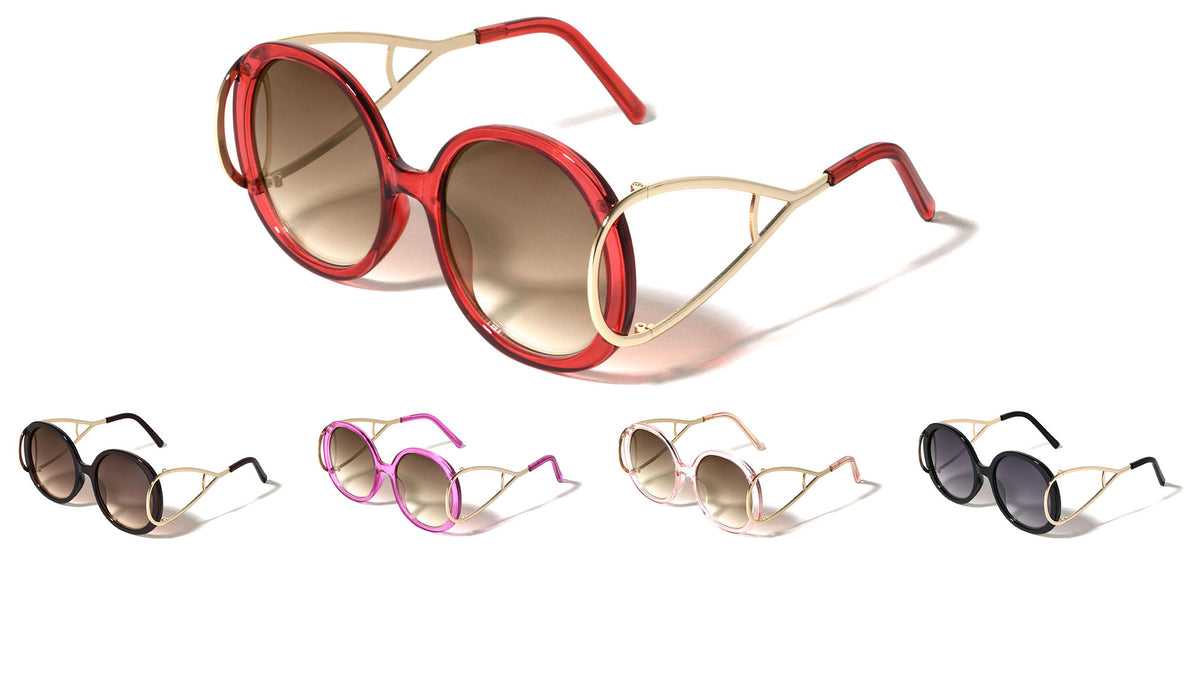 Crystal Color Extended Oval Temple Round Wholesale Bulk Sunglasses